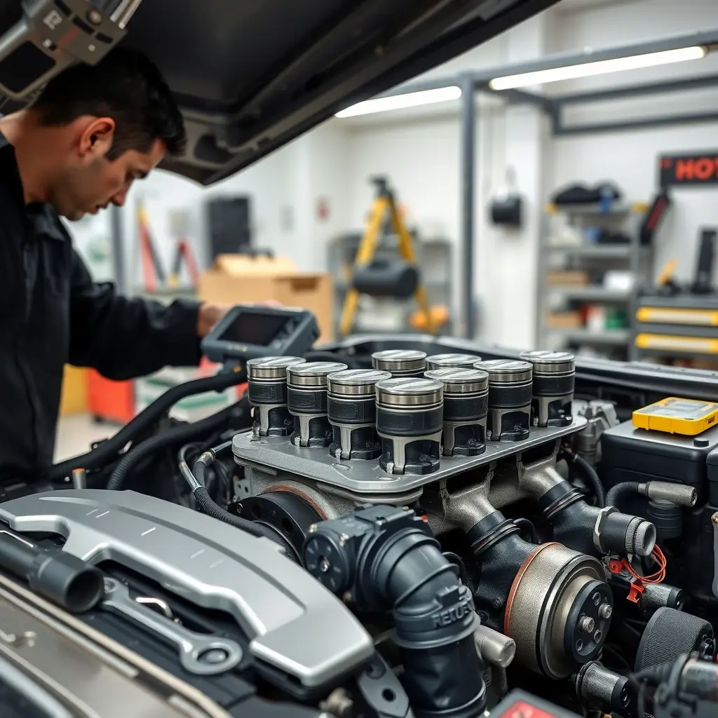 A skilled mechanic in a clean workshop is disassembling and repairing the 1.6L engine of a LADA Largus (model years 2012 to present). The engine bay is open, showing pistons, cylinder head, and tools such as wrenches, diagnostic scanner, and parts trays. The focus is on the detailed mechanical components, with realistic lighting and high-definition clarity.