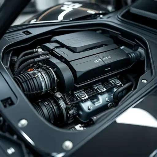 A detailed, realistic image of the engine bay of an Aston Martin Valkyrie hybrid. Focus on the intricate details of the engine components, showcasing the hybrid system. The engine should be partially visible, highlighting its advanced engineering. The background should be blurred, suggesting a professional automotive workshop environment.