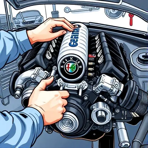 A detailed illustration of a mechanic's hands working on a modern Alfa Romeo Giulia 2.0 Turbo engine, showing the engine components, tools, and a clean workshop background, with a focus on the engine's turbocharger and performance specifications, rendered in a realistic yet stylized manner