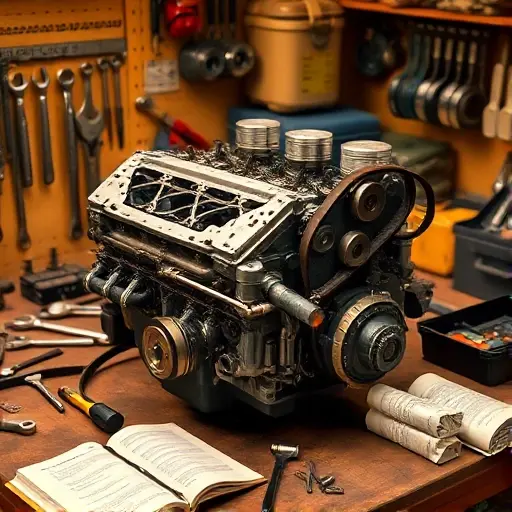 A realistic workshop scene depicting a mechanic repairing a Daewoo Espero 1.8L engine. The engine is partially disassembled on a workbench, with visible engine components such as pistons, crankshaft, and timing belt. Surrounding the engine are assorted tools—wrenches, sockets, a torque wrench, and a small toolbox. An open service manual lies nearby, its pages visible but devoid of any printed text. The lighting is warm and focused on the engine, creating a clear, detailed view of the mechanical work in progress.