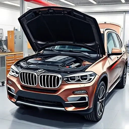 A detailed illustration of a BMW X5 SUV with a partially opened engine hood showing a high-performance V8 engine, emphasizing the 4.4L displacement and 530 horsepower, with clean technical lines and realistic textures, captured in a professional automotive workshop setting
