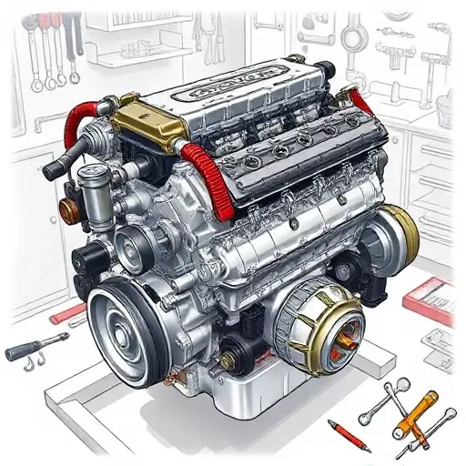 A detailed illustration of a Baojun 310 1.5L engine undergoing a major overhaul. Focus on the engine block, cylinder head, and various components being inspected and repaired. Include tools like wrenches, screwdrivers, and diagnostic equipment. The scene should depict a workshop environment with clean surfaces and organized tools.