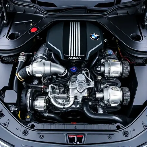 A high-performance engine of an Alpina B5 4.4 V8 Biturbo from 2017-2022, showing detailed mechanical components, polished metal surfaces, turbochargers, and engine bay with realistic lighting and depth, captured in a professional automotive photography style