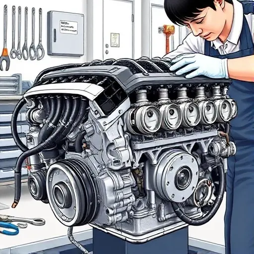 A detailed illustration of a mechanic repairing a Chrysler 300 3.6 V6 engine, showing the engine block, pistons, and tools such as wrenches and torque wrenches, with a focus on the engine internals and a clean workshop background