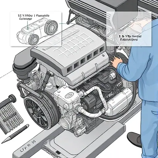 A detailed illustration of a mechanic repairing the 3.6 V6 engine of a Chrysler Pacifica PHEV, showing the engine block, electric motors, tools, and a schematic overlay, all in a clean, technical style, with no text or digits visible.