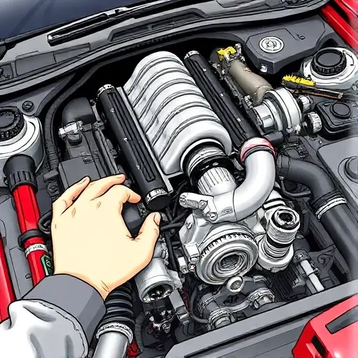 A detailed illustration of a mechanic repairing a Fiat 124 Spider 1.4 MultiAir Turbo engine, showing the open engine block, turbocharger, spark plugs, and tools such as wrenches and diagnostic equipment, with a clean workshop background, focusing on mechanical components and hands at work.