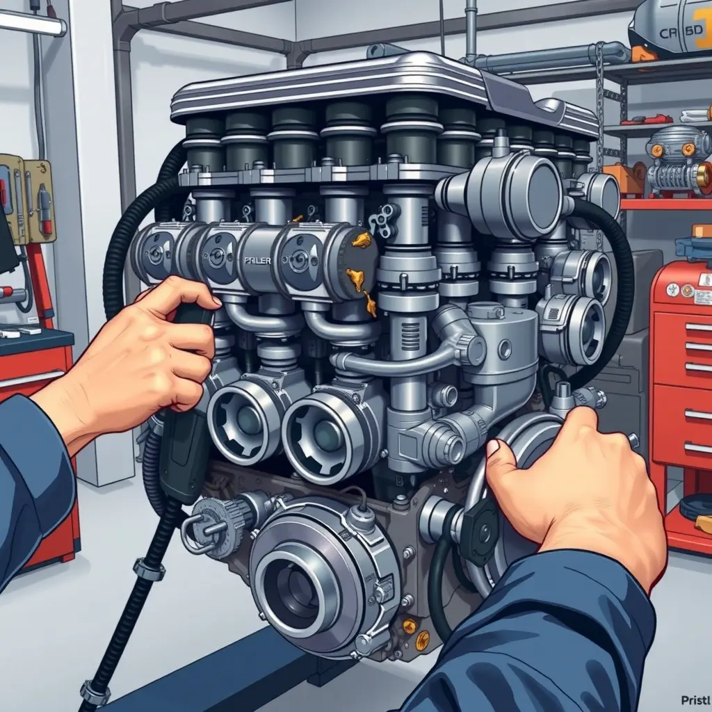 A high-detail, realistic illustration of a mechanic's hands and tools working on a large V12 racing engine in a clean workshop, focusing on the engine block, pistons, and valve train with metallic shine and oil splashes, no faces, no text or logos.