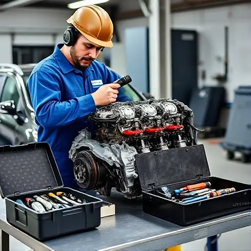 A detailed workshop scene showing a mechanic repairing the 1.0 LPG engine of a 2020 Dacia Sandero. The engine block is exposed, with visible pistons and valves. The mechanic, wearing a blue coveralls and a safety helmet, is using a torque wrench on a cylinder head. A toolbox with various engine tools is on a metal workbench. The background shows a garage with a car hood open, revealing the engine bay. The lighting is bright and focused on the engine area.