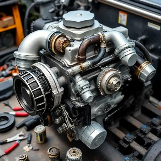 A detailed, high-quality image of a Land Rover Defender 2.0 Turbo 300 engine undergoing a major repair. Focus on the engine block, turbocharger, and surrounding components. Show tools and parts scattered around, indicating the repair process. The engine should be well-lit, highlighting the intricate details.