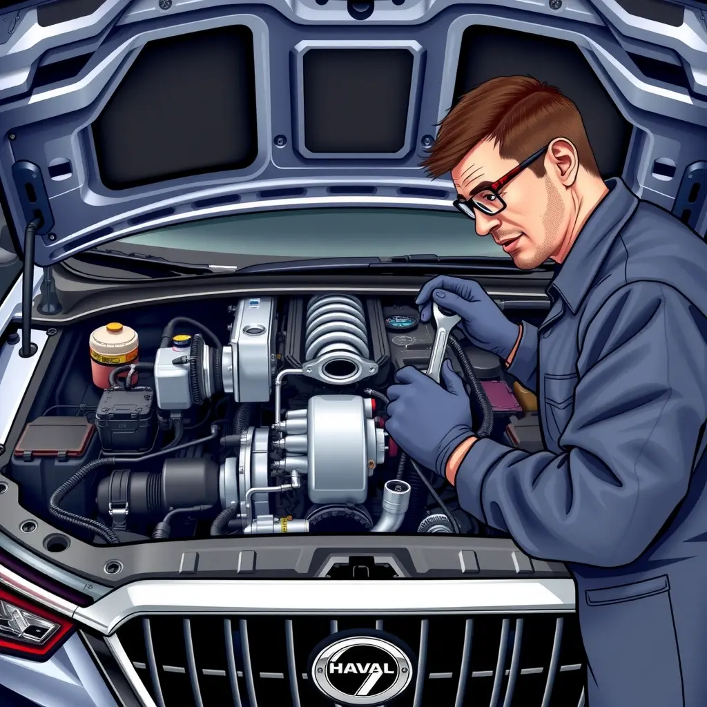 A detailed, realistic illustration of a mechanic repairing the 2.0 Turbo engine of a Haval H6 (model years 2017 to present) inside the car's engine bay. The scene shows the open hood, the engine components such as the turbocharger, fuel injectors, and wiring harnesses, with the mechanic wearing a clean jumpsuit, safety glasses, and gloves, using professional tools like wrenches and diagnostic equipment. The lighting highlights the metallic surfaces and the intricate details of the engine parts, emphasizing a high-quality, high-definition look.