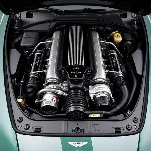 A detailed, high-quality image of the engine bay of an Aston Martin V12 Zagato 5.9 L V12 5. The engine should be prominently displayed, showcasing its intricate components and design. Focus on the engine's mechanical beauty and craftsmanship.