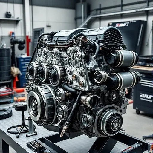 A detailed close-up of a BMW M6 F12 4.4 V8 engine undergoing major repair, showing disassembled components like pistons, crankshaft, cylinder heads, and valves laid out on a clean workshop bench, with tools and diagnostic equipment nearby, soft industrial lighting, high realism, no text or labels