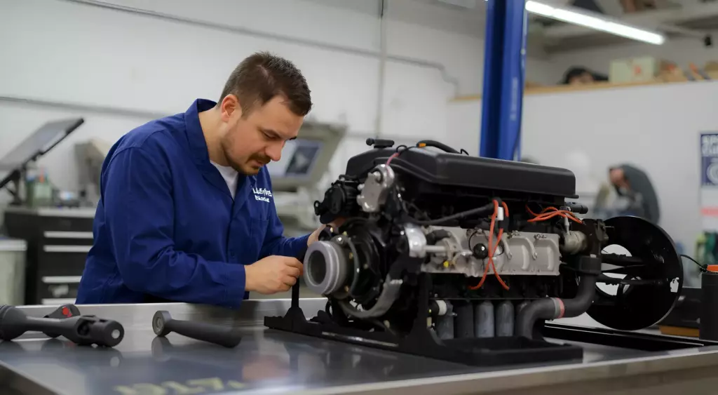 A professional mechanic in a workshop, wearing a blue coverall, carefully inspecting a detailed Alpine car engine on a polished metal workbench, with tools such as a wrench and screwdriver neatly arranged, overhead industrial lighting, a clean and organized background, no text or signage visible