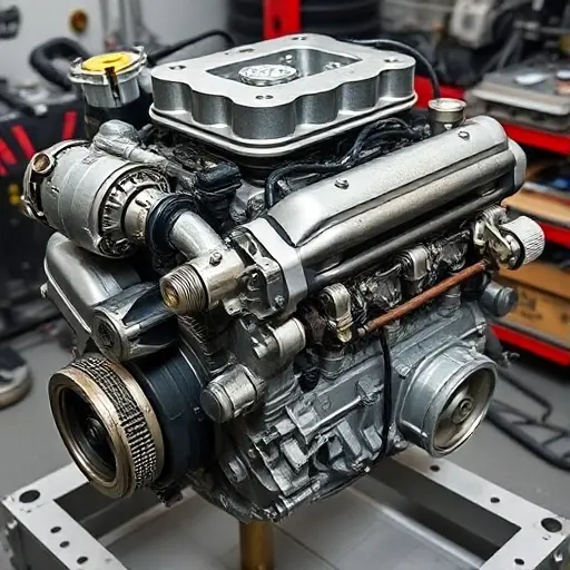 A detailed, high-quality image of a Geely Coolray 1.5 Turbo engine undergoing a major repair. The engine should be partially disassembled, revealing intricate components. Focus on the mechanics and the repair process.