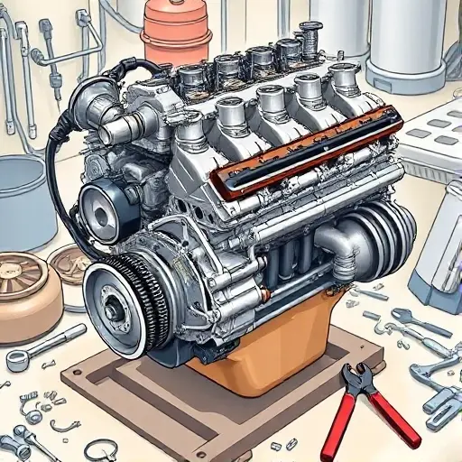 A detailed illustration of a Baojun 730 1.5L engine undergoing a major overhaul. The engine should be shown with visible components being worked on, tools scattered around, and a focus on the engine block and cylinder head. The overall scene should convey a sense of mechanical repair and precision.