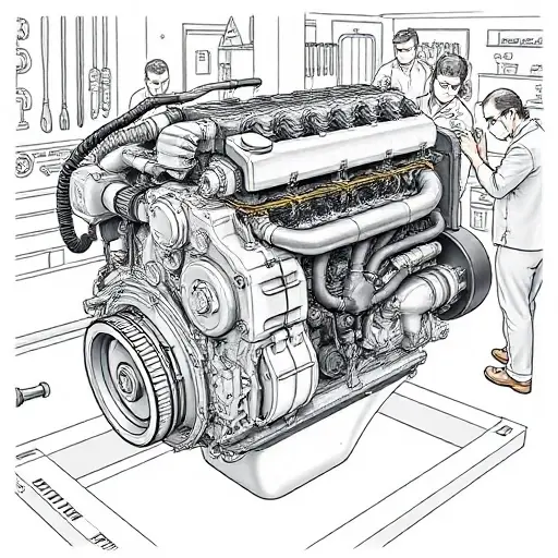 A detailed illustration of a Dacia Sandero 1.0 LPG 100 hp engine undergoing a major repair. The engine should be shown with visible components, tools, and technicians working on it in a workshop setting. Focus on the engine block, fuel system, and exhaust components.