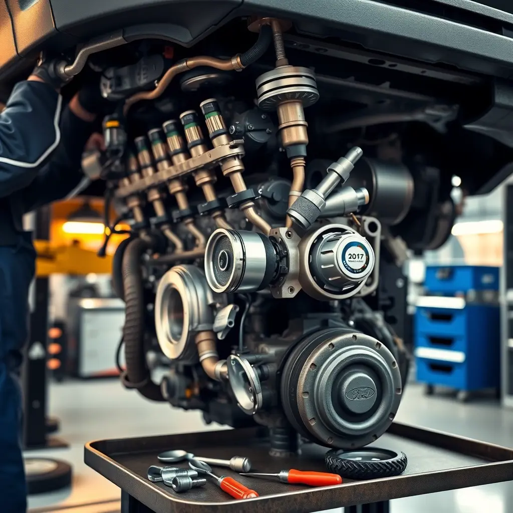 A detailed high‑resolution scene of a mechanic in a clean workshop repairing the 2.0 EcoBlue diesel engine of a 2014 Ford Transit. The vehicle is lifted, the engine bay is open, showing pistons, fuel injectors, turbocharger and other engine components, with professional tools arranged on a tray. Warm industrial lighting highlights the metal parts, emphasizing the repair process.