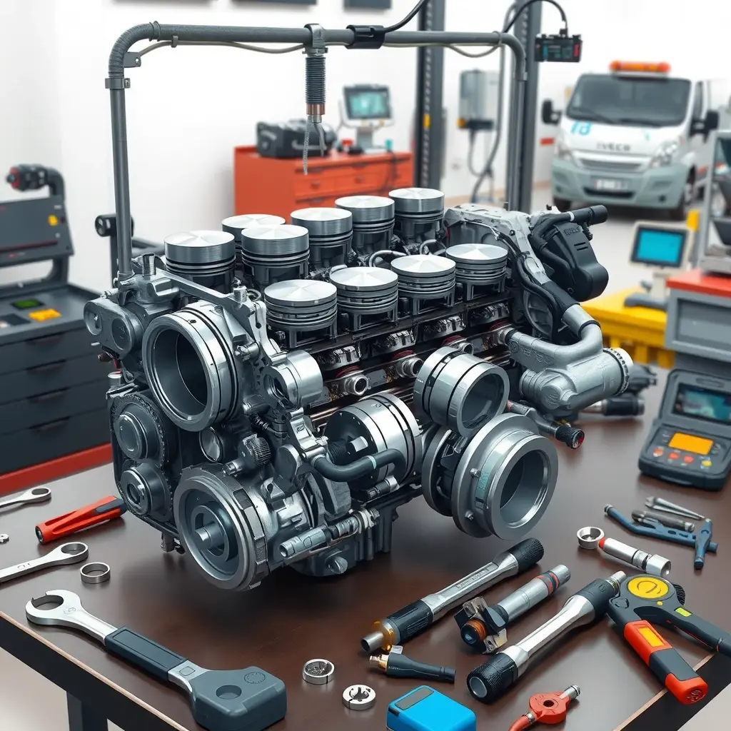 A detailed, high-resolution illustration of a mechanic performing a comprehensive overhaul of an Iveco Daily 3.0 diesel engine (140 hp) in a clean workshop. The engine is partially disassembled, showing pistons, crankshaft, fuel injectors, and other components laid out on a workbench with professional tools such as wrenches, torque wrench, and diagnostic equipment. The scene emphasizes the mechanical complexity and precision of the repair, with realistic lighting and a focus on metallic textures and oil stains, without any text or branding.