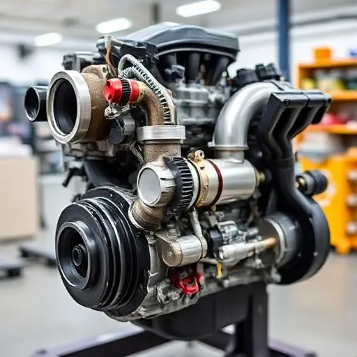 A detailed, high-quality image of a FAW Hongqi H5 1.5 Turbo engine undergoing a major repair. The engine should be shown partially disassembled, revealing the internal components. Focus on the engine block, turbocharger, and exhaust manifold. The background should be a clean, well-lit workshop environment.