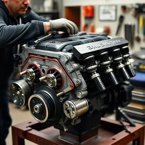 A detailed close-up of a mechanic repairing a 6.4 V8 HEMI engine from a Chrysler 300 SRT8, showing the engine block, pistons, and tools on a workbench in a garage setting