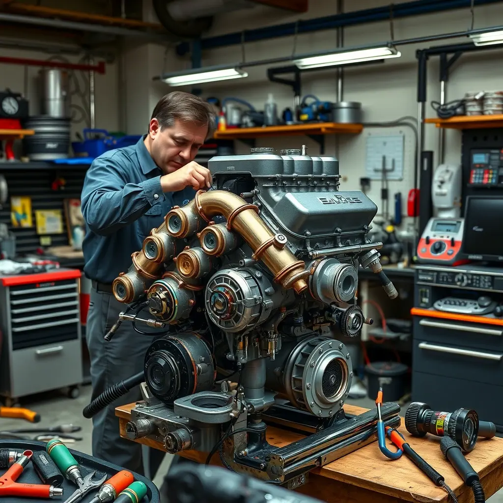 A detailed, realistic scene of a professional mechanic in a clean workshop, carefully disassembling and inspecting a high-performance V8 engine on a sturdy workbench, surrounded by assorted tools, engine components, and diagnostic equipment, with a focus on the intricate metal parts and the craftsmanship involved in the repair process