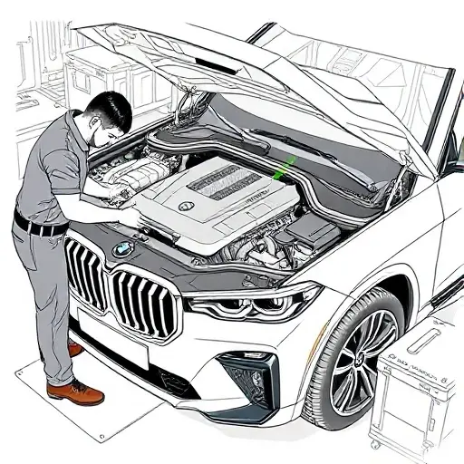 A detailed illustration of a mechanic repairing the engine of a 2023 BMW X7 PHEV 530 hp, showing the engine block, tools, and the car's hood open, with a focus on technical precision.