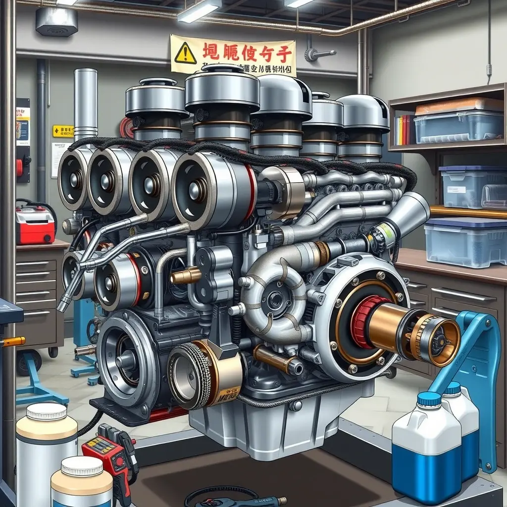 A high-detail illustration of a Kaicheng F9 2.0 Turbo diesel engine in a workshop undergoing a complete overhaul. The engine is partially disassembled, showing pistons, turbocharger, fuel injection system, and crankshaft with visible wear. Surrounding the engine are professional mechanic tools such as torque wrenches, diagnostic equipment, and clean oil containers. The background is a well-lit, organized garage with metal workbenches and safety signs, emphasizing precision and technical expertise.