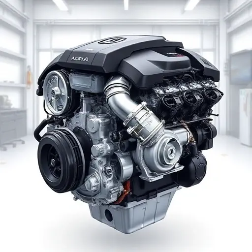 A detailed illustration of a modern Acura TLX 2.0 VTEC Turbo engine (272 hp) from 2021 onwards, showing the engine block, turbocharger, and internal components with technical precision, clean background, automotive workshop setting, high detail, realistic lighting