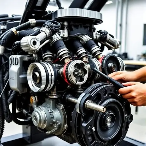 A detailed close-up of a Bugatti Veyron 8.0 L W16 Quad Turbo engine during repair, showing exposed pistons, crankshaft, turbochargers, and a mechanic’s hands with tools, all in a workshop setting with bright lighting and a clean background.