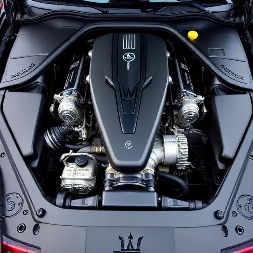A detailed, high-quality image of the engine bay of a Maserati GranTurismo 3.0 V6 Nettuno. Focus on the engine components, showcasing the intricate details of the engine and its parts. The engine should be well-lit, highlighting its metallic surfaces and textures.