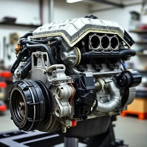 A detailed, high-quality image of a Chrysler 300 5.7 V8 HEMI engine undergoing a major repair. The engine should be partially disassembled, revealing intricate components. Focus on the engine block, cylinder head, and visible parts of the internal mechanisms. The background should be a clean, well-lit workshop environment.