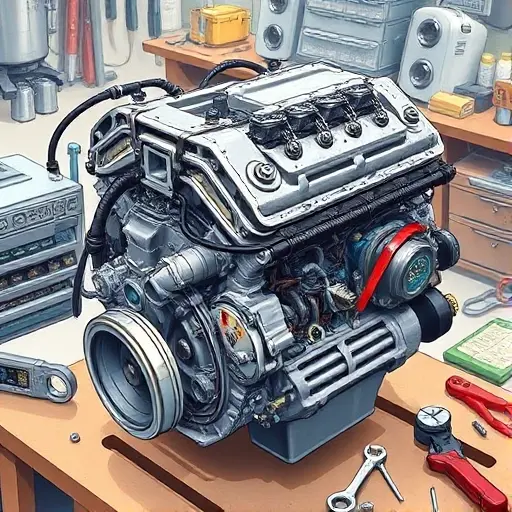 A detailed illustration of a ChangFeng Liebao CS6 2.4L 125 hp engine undergoing a major overhaul. Focus on the engine block, cylinder head, and various components being inspected and repaired. Include tools like wrenches, screwdrivers, and diagnostic equipment. The scene should depict a workshop environment with clean surfaces and organized tools.