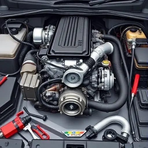 A detailed illustration of a Chevrolet Colorado 2.8 Duramax Diesel engine undergoing a major repair. Focus on the engine block, turbocharger, and associated components. Show tools and parts scattered around the engine bay, indicating ongoing work. The scene should be well-lit, highlighting the mechanical details.
