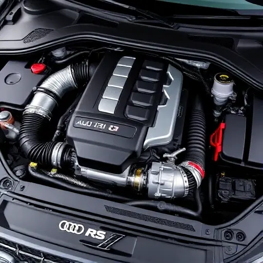 A detailed, high-quality image of the engine bay of a 2019-present Audi RS Q3 2.5 TFSI 400 hp. Focus on the engine components, showcasing the turbocharger, intercooler, exhaust manifold, and other key parts. The engine should be clean and well-maintained.