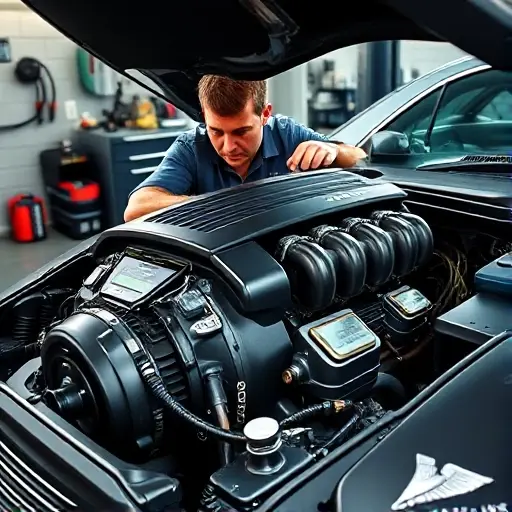 A detailed, realistic image of a mechanic working on the engine of an Aston Martin DB9. The engine should be prominently displayed, showcasing its V12 configuration. Tools and diagnostic equipment should be visible around the engine bay. Focus on the intricate details of the engine components and the mechanic's focused expression. The background should be a clean, professional automotive repair shop environment.