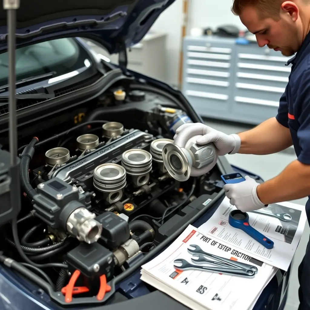 A detailed, realistic scene of a mechanic repairing the 1.3 Turbo engine of a Jeep Compass (model years 2017 to present). The engine is open, showing pistons, turbocharger, and wiring, with professional tools such as wrenches, diagnostic scanner, and a service manual spread nearby. The mechanic, wearing a clean work uniform and gloves, is focused on tightening a bolt on the turbocharger. The workshop background includes a clean workbench, tool chest, and subtle lighting that highlights the engine components, creating a high‑definition, high‑quality visual representation of the engine repair process.