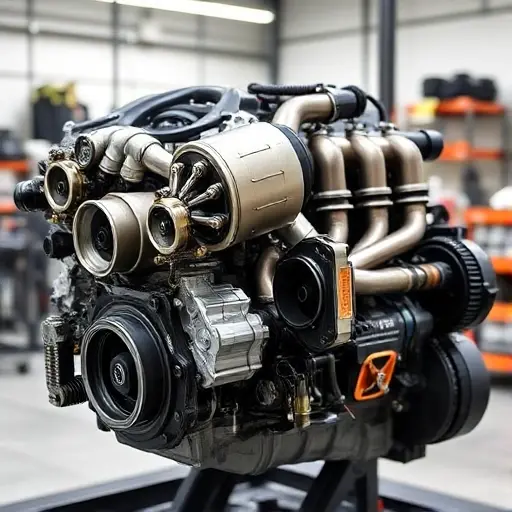 A detailed, high-quality image of a McLaren 720S 4.0 V8 Twin Turbo engine undergoing a major overhaul. The engine should be partially disassembled, revealing intricate components and mechanical details. Focus on the engine block, turbochargers, and exhaust system. The background should be a clean, well-lit workshop environment.