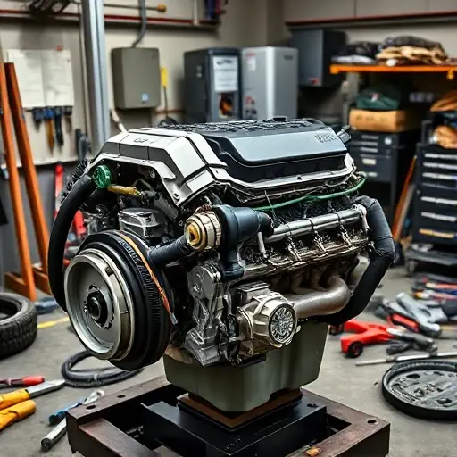 A detailed workshop scene showing a mechanic repairing the 3.0 Duramax Diesel engine of a Cadillac Escalade, with the engine block exposed, tools scattered, and a focus on the engine internals, no text or lettering