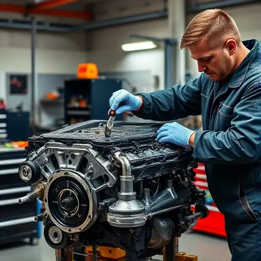 A mechanic in a garage, wearing gloves and a protective jacket, working on an open gasoline engine block of a compact SUV. The engine is partially disassembled, showing pistons, connecting rods, and a valve train. The mechanic is using a wrench to adjust a component, with a toolbox and a light source illuminating the work area.