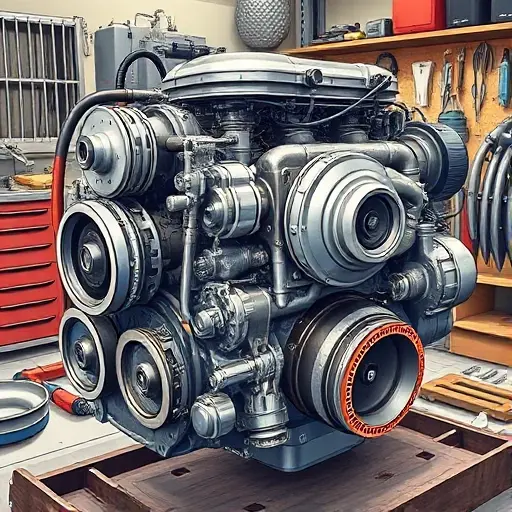 A detailed illustration of a diesel engine undergoing engine repair. Focus on the engine block, turbocharger, and various components. Show tools and parts related to engine maintenance. The scene should be in a workshop setting with visible tools and equipment.