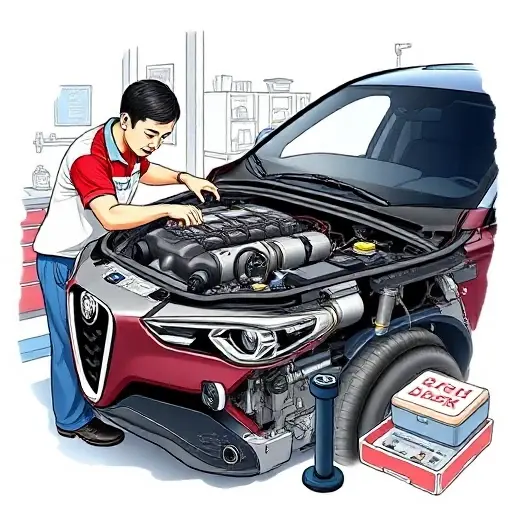 A detailed illustration of a mechanic performing engine repair on an Alfa Romeo Stelvio 2.2 Diesel 210 hp (2017– ), showing the engine components, tools, and workshop environment, with realistic lighting and accurate vehicle details