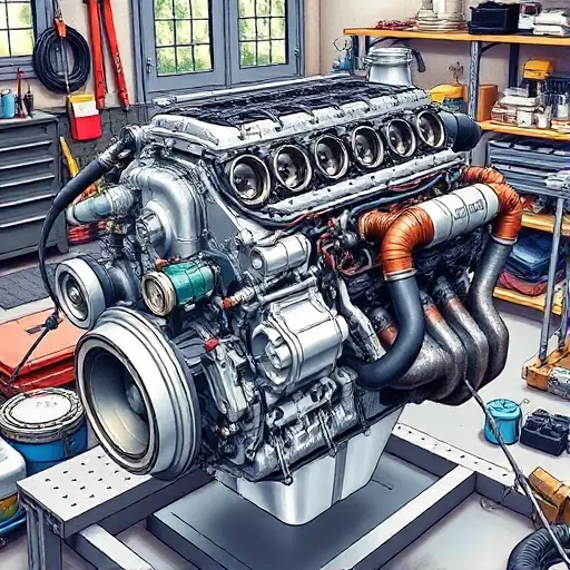 A detailed illustration of a Volvo V70 D5 engine undergoing a major repair. The engine should be shown with visible components, tools, and technicians working on it. Focus on the engine block, turbocharger, and exhaust system. The scene should depict a workshop environment with various automotive tools and equipment.