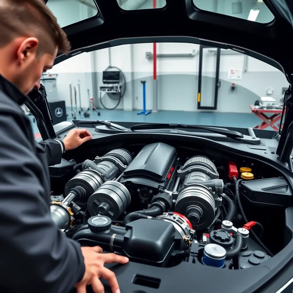 A detailed, high‑resolution scene of a professional mechanic in a clean workshop, focused on the open engine bay of a Maserati GranTurismo 3.0 V6 Nettuno, with visible pistons, turbochargers, and precision tools arranged neatly, emphasizing the intricate mechanical components and the craftsmanship of the repair process