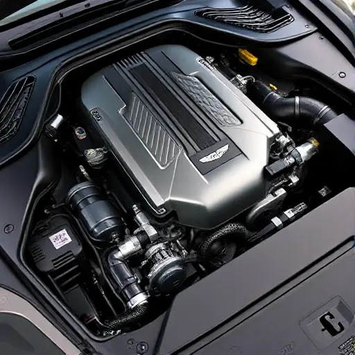 A detailed, high-quality image of the engine bay of a Aston Martin Rapide 5.9 L V12 550 л. Focus on the engine components, showcasing the intricate details of the V12 engine. The engine should be well-lit, highlighting its metallic surfaces and complex architecture.