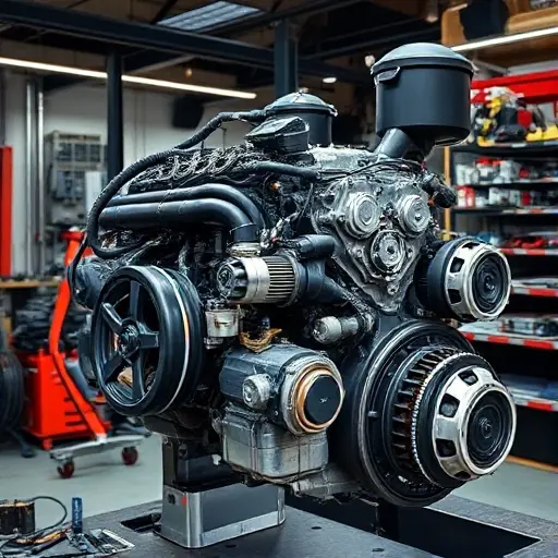 A detailed workshop scene showing a mechanic repairing the 1.5T engine of a Denza D9 PHEV, with visible electric motors and tools, focusing on mechanical parts, no text or branding