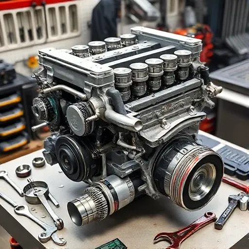 A detailed, realistic image of a disassembled Bertone Freeclimber 2.5 L TD engine from 1992-1994. Focus on the engine block, pistons, connecting rods, crankshaft, and cylinder head. Parts should be arranged on a clean, well-lit workbench. Include tools commonly used for engine repair, such as wrenches, sockets, and a torque wrench. The overall composition should highlight the mechanical complexity of the engine.