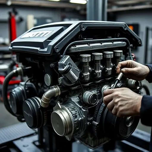 A detailed close-up of a Bugatti Chiron Super Sport 8.0 L W16 engine under repair, showing the intricate engine block, pistons, and a mechanic's hands holding tools, set in a high-tech garage environment with subtle lighting, no visible text or digits