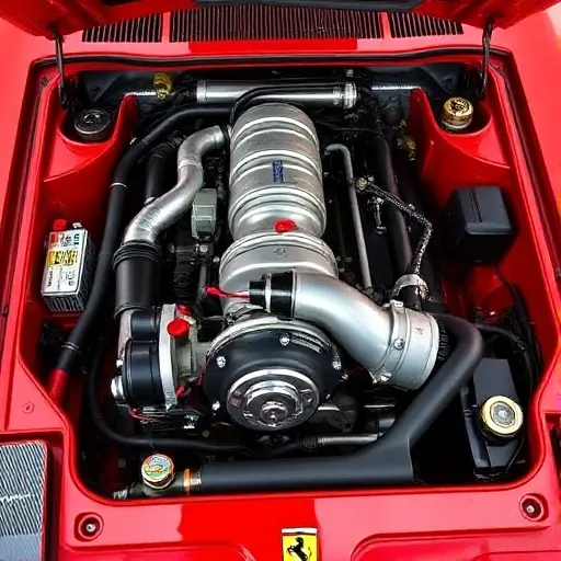 A detailed, high-quality image of the engine bay of a Ferrari Roma, specifically highlighting the 3.9 V8 Turbo engine. Focus on the engine's components, showcasing the turbocharger, intake manifold, and other key parts. The engine should be well-lit, emphasizing its mechanical details.