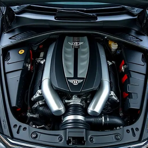 A high‑resolution close‑up of a Bentley Bentayga engine compartment showing a 6.0 L W12 engine with 608 hp, model years 2016‑2022, with polished metal surfaces, detailed wiring, and service tools arranged neatly, captured in the smallHQ style