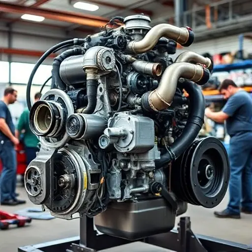 A detailed, high-quality image of a JAC T8 2.0 Turbo diesel engine undergoing a major repair. The engine should be shown with visible components, tools, and technicians working on it in a well-lit workshop. Focus on the engine block, turbocharger, and exhaust system.